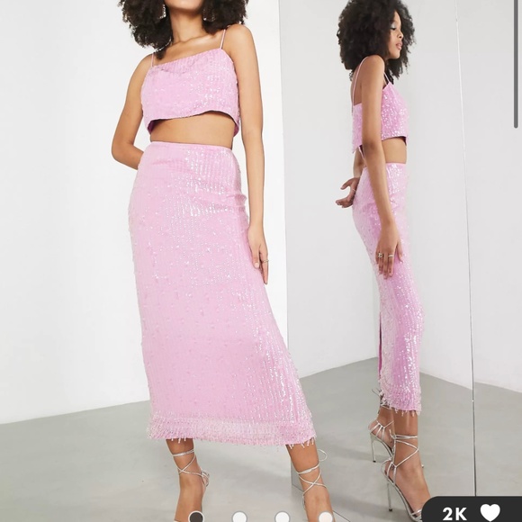 ASOS Pink Glitter Midi Skirt - Picture 1 of 3